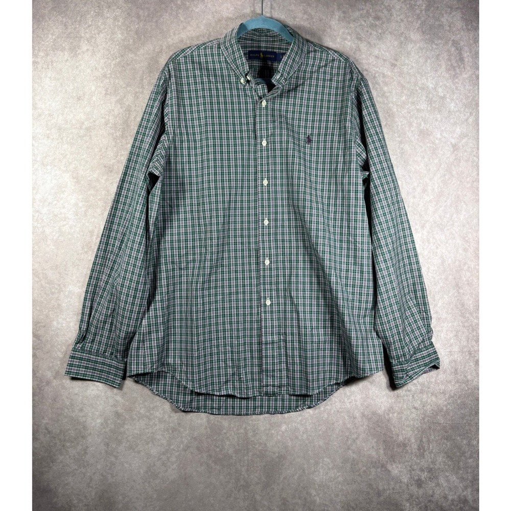 Ralph Lauren Button Down Shirt Mens Large Green Plaid Long Sleeve Cotton Classic